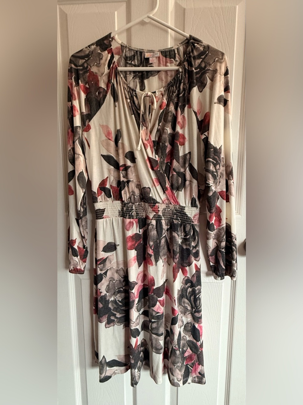 LuLaRoe Cream Floral Long-Sleeve Wrap Dress with Rose Accents